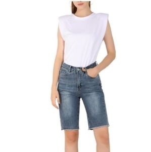 Allegra K Frayed Raw Hem Midrise Washed Denim Bermuda Shorts Size Large (12-14)